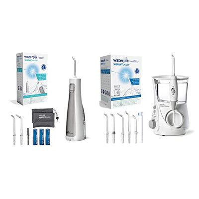 Waterpik Irrigador Inalámbrico con Agua a Presión Portátil con Batería Resistente al Agua para Eliminación de Placa Dental + Irrigador de Sobremesa Profesional