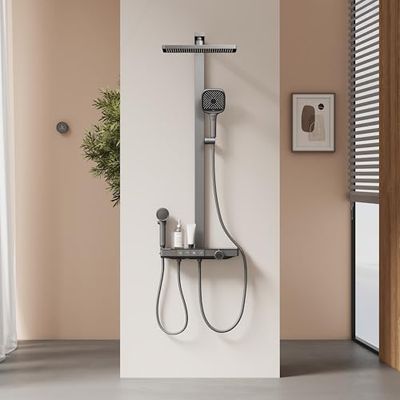 EMKE Columna de Ducha Termostática, Ducha de Mano, Ducha Infantil, 360mm ducha de lluvia de gran tamaño,4 Salidas de Agua, Fácil Instalación,Antracita Mate,1050x600x409 mm