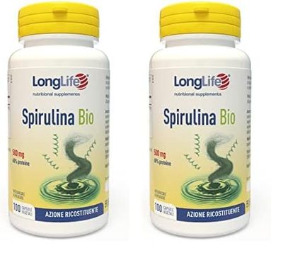 LongLife® Spirulina Bio | Alga spirulina titolata in proteine, ficocianina, clorofilla e carotenoidi | Biologica | Azione di sostegno e ricostituente | 100 capsule vegetali | Vegano e senza glutine