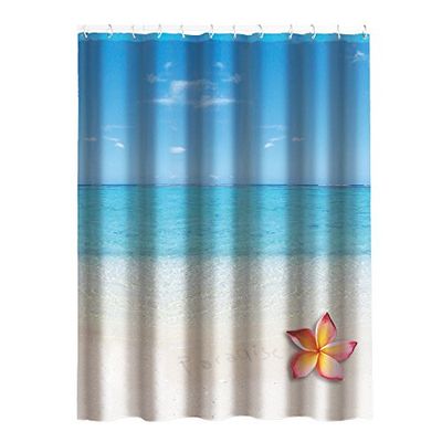 MSV Rideau de Douche Polyester 180x200cm Motif Paradise Bleu & Blanc -Anneaux Inclus