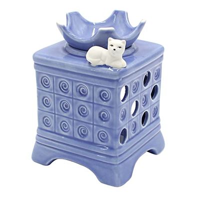 Dekohelden24 Lampada profumata come stufa in maiolica, colore blu, con gatto/lampada aromatica/lampada profumata, lunghezza 10 x 10 x 15 cm, azzurro, 15 cm