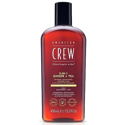 American Crew Ginger & Tea 3-in-1, Shampoo, Balsamo e Gel Doccia Uomo, Trattamento All-in-One con Fragranza Rivitalizzante e Rinfrescante Zenzero e Tè - 450ml
