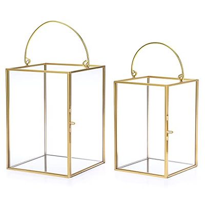 OwnMy Set of 2 Gold Glass Hurricane Candle Holders Geometric Candle Lanterns Metal Pillar Candle Stands with Handle, Decorative Glass Terrarium Candlestick Vase for Table Centerpieces Wedding Decor