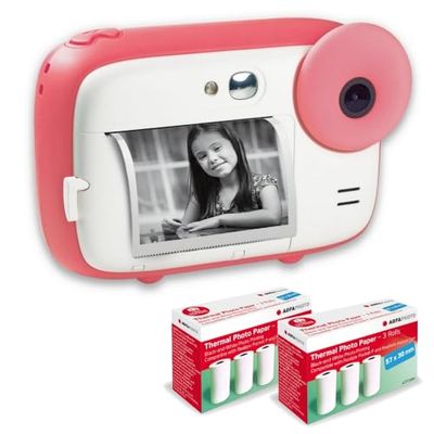 AGFA PHOTO Realikids Instant Cam + 6 rotoli di carta termica ATP3WH aggiuntivi - Fotocamera istantanea per bambini, schermo LCD da 2,4", batteria al litio, specchio selfie e filtro fotografico, Rosa