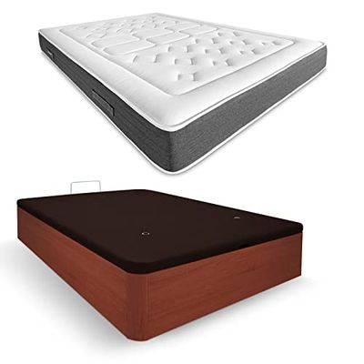DUÉRMETE ONLINE - Pack Matelas viscoélastique Bio Nature épaisseur 24 cm + canapé en Bois Rabattable Grande capacité | Couleur Cerise 135 x 190