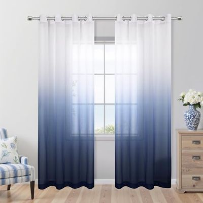 Cortinas azul marino de 84 pulgadas para sala de estar, juego de 2 paneles con ojales, semitransparentes, diseño náutico, lino sintético, cortinas azul marino degradadas para niños, dormitorio,