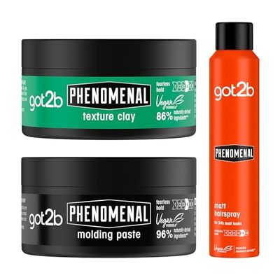 got2b PhenoMENal, Natural Finish, Strong Hold, Hair Styling Bundle. Includes: Finishing Hairspray 200 ml + Texture Hair Styling Clay 100ml + Moulding Hair Paste 100ml