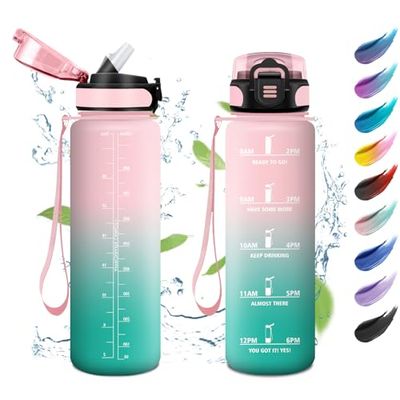 Borraccia Sportiva 1 Litro, Bottiglia Acqua con Indicatore del Tempo, con Cannuccia, Borraccia Motivazionale a Prova di Perdite, Facile Pulizia, Borraccia Palestra per Campeggio, Corsa, Viaggio