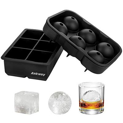 Ankway Large Ice Cube Trays Silicone Set of 2, Easy Release Reusable BPA Free Silicone Ice Cube Molds Square & Sphere Round Ice Ball Maker for Whiskey Drinks Cocktails Beverages and Scotch Black