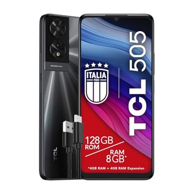 TCL 505 - Smartphone 4G Display 6.75 HD+ 90Hz, 128GB, 8GB RAM (4+4GB RAM expansion), 50Mp Hybrid camera, Android 14, Batt. 5010 mAh, Dual Sim, Space Grey, Cavo USB Type-C Aggiuntivo