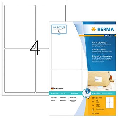 HERMA Self Adhesive Inkjet Address Labels, 4 Labels per A4 Sheet, 80 Sheets, 96 x 139.7 mm, 320 Labels, Blank Mailing Labels Stickers, Sticky Labels for Inkjet Printer, White