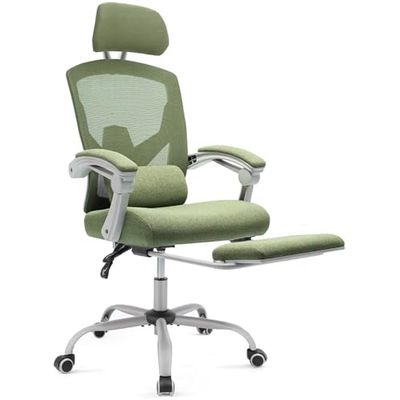 SURFOU Ergonomische mesh bureaustoel met intrekbare voetensteun, lendensteun en gevoerde armleuningen - ideaal voor privé- en professionele doeleinden, groen