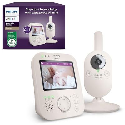 Philips Avent Babyphone vidéo Premium, Certifié DEKRA, privé et sécurisé avec caméra et audio, écran de 3,5", zoom x4, vision nocturne, audio bidirectionnel, berceuses, température ambiante, SCD891/26