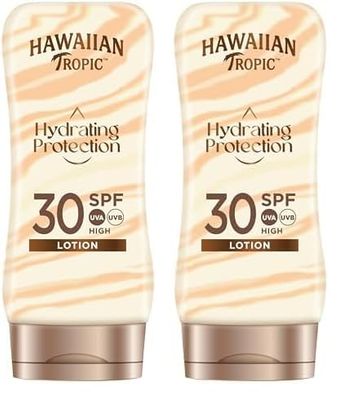 Hawaiian Tropic Hydrating Protection Sunscreen Lotion, Water Resistant SPF 30 UVA Plus UVB Protection Suncream, 12-Hour Moisturising Sun Lotion with Cocoa and Shea Butter, 180 ml (Pack of 2)