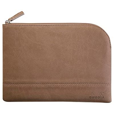 RHODIA 116625C - Pochette Zippée en Simili Cuir - Taupe - Taille M (16 x 22 cm) - Coutures Véritables - Intérieur Tissu Orange - Rangement Documents, Petites Fournitures