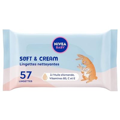 NIVEA BABY Lingettes Soft & Cream (1 x 57 pces), lingettes nettoyantes et apaisantes pour bébé & nourrisson, enrichies en Huile d'Amande 100% naturelle protectrice très douce