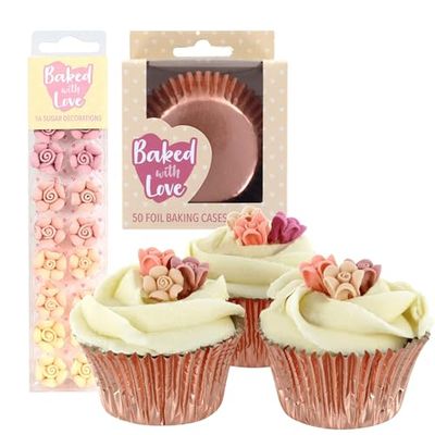 BAKED WITH LOVE Rose Gold Cupcake Decorating Kit, 50 Foil Cases and 16 Flower Sugar Baking Decorations, Create Cupcakes for Mother's Day, Birthdays, Baby Showers, Anniversaries
