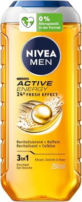NIVEA MEN Active Energy - Gel doccia a pH neutro per la pelle con effetto fresco 24 ore, formula rivitalizzante con caffeina per corpo, viso e capelli (250 ml)