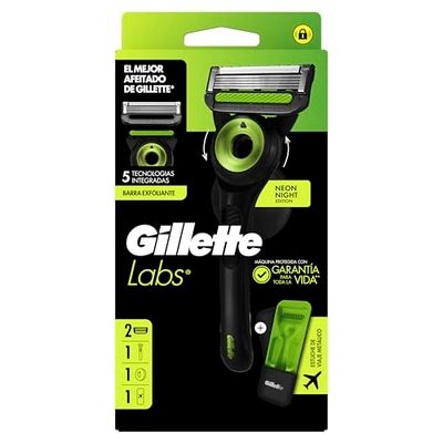 GilletteLabs Maquinilla De Afeitar Neon Night Edition, 1 Mango Con Barra Exfoliante Integrada, 2 Cuchillas De Recambio Con Banda Lubricante, 1 Estuche De Viaje, 1 Colgador De Pared
