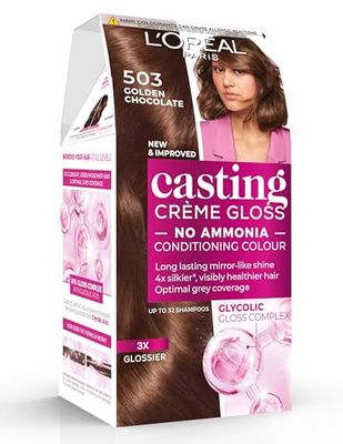 L’Oréal Paris Ammonia Free Semi-Permanent Hair Dye, 503 Golden Chocolate, Natural Looking Finish, For up to 28 Shampoos, Casting Crème Gloss, 1 Application