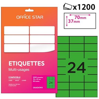OFFICE STAR - 1200 Etiquettes Multi-Usages Vertes Personnalisables - Format 70 x 37mm - Impression Laser et Jet d'encre