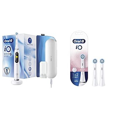 Oral-B iO Series 9 Brosse à Dents Électrique Rechargeable avec 1 Manche Intelligence Artificielle, 1 Brossette et 1 Étui de Voyage Premium Offert & iO Gentle Care Brossettes de Recharge, Pack de 2