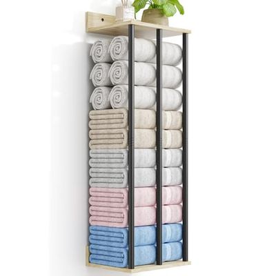 WeGXY Towel Racks for Bathroom Wall Mounted, Wall Towel Rack for Rolled Towels,Metal Towel Holder with Wooden Shelf,Towel Storage Organizer for Small Bathroom