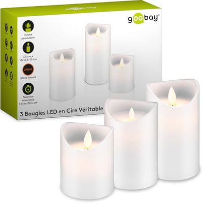 Goobay 66541 Bougies LED cire véritable avec fonction minuterie/Bougies cire véritable avec flamme mobile et minuterie/Bougies de 10, 12,5 & 15cm / Set de 3 bougies LED, Blanc.