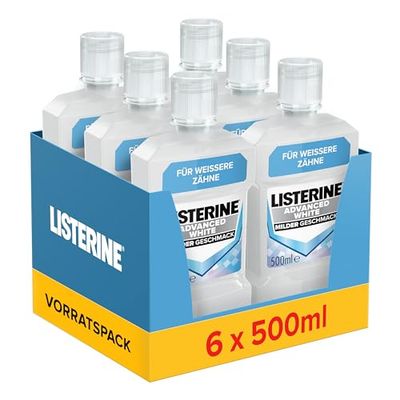 LISTERINE Advanced White Mild (6 x 500 ml), bain de bouche antibactérien pour éliminer les taches tenaces, bain de bouche avec technologie blanchissante douce, pour des dents plus blanches en