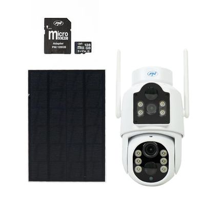 PNI IP792 kamera do monitoringu wideo, podwójny obiektyw 2 MP + 2 MP, panel słoneczny 3 W i karta pamięci microSD 128 GB w zestawie