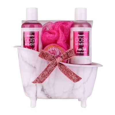 Accentra - COSY MOMENTS set de baño y ducha en rosa - set de regalo de relajación para mujer para cumpleaños o Navidad - set de regalo de bienestar y cuidado de 4 piezas con mini bañera decorativa