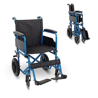 Mobiclinic®, Vouwrolstoel, Model marsella, Wielen met snelsluiting drukknop, Stevig, Zitting 46cm, Inklapbare voetsteun armleuningen, Remhendel, Blauw
