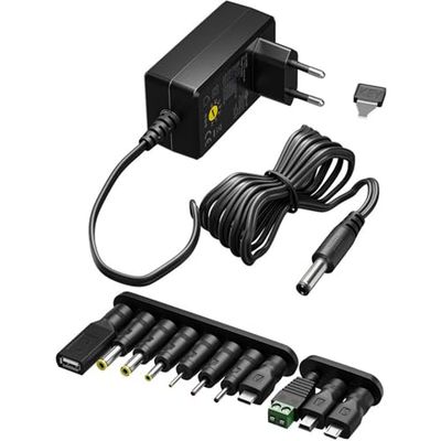 goobay Universele voeding 5 V - 15 V, max. 36 W/DC wisseladapter/reservevoeding voor TV, PC, router, LED-strip/variabele spanning/USB C, USB A, Micro USB/incl. 11 adapter/zwart/74436