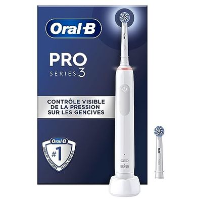Oral-B Pro 3 3000 Brosse À Dents Électrique Oscillo-Rotative, Capteur De Pression Pour Protéger Les Gencives Sensibles, Mode Blancheur, 2 Brossettes Rondes De Rechange, 1 Chargeur, Blanche