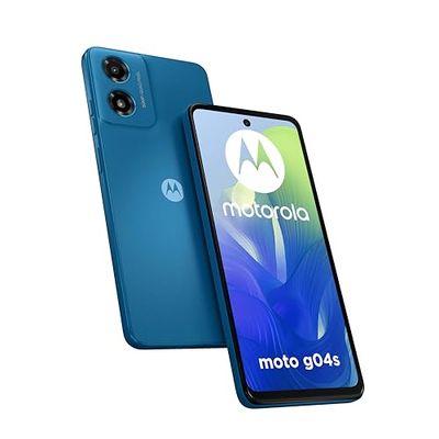 Moto G04s (4/128 GB, display 6,56 inch HD+ 90 Hz, fotovak met 50 MP, batterij 5000 mAh, draadloos opladen 15 W, IP52, Android 14, oplader en beschermhoes meegeleverd), satijn blauw