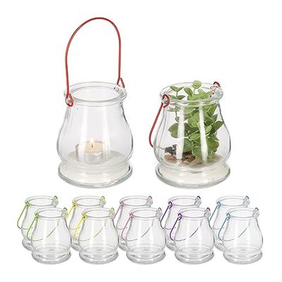 Relaxdays Candle Lanterns, Set of 12, Glass, Coloured Handles, Tealight Holders, 10 x 8.5 cm, Indoors & Outdoors, Clear