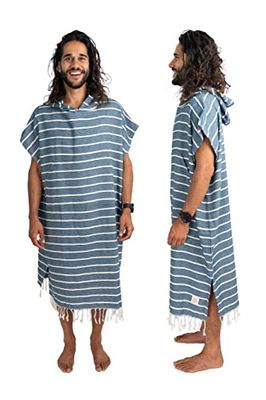 Nova Blue Surf Poncho - Navy & Wit Gestreepte Hooded Strandlaken voor Heren - Grote Volwassen (33 X 44) - 100% Turks Katoenen Handdoek Veranderende Badjas voor Strand