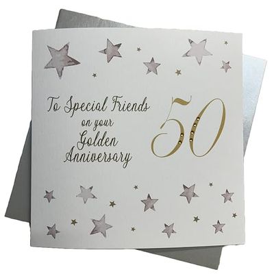 WHITE COTTON CARDS Cartão de aniversário grande texto em inglês "To Special Friends On Your Golden Anniversary 50", feito à mão (gama Big Twist, dourado), branco, 22 cm x 22 cm