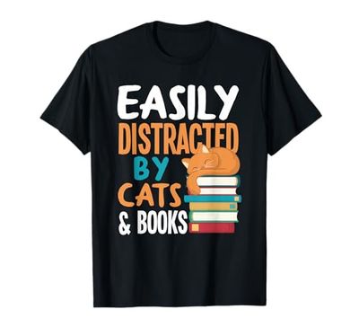 Womens Easily Distracted By Cats & Books Cat & Book Lover T-Shirt