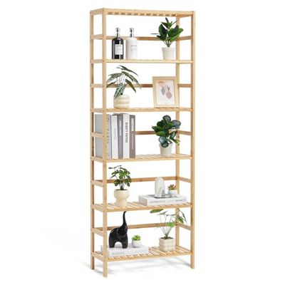 VEVOR Bamboe plank met 6 niveaus, open houten boekenplank, displayopbergrek organizer, vrijstaande bloemenplantenstandaard, multifunctionele bamboe boekenplank, ideaal voor badkamer, slaapkamer,