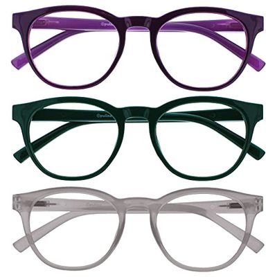 OPULIZE Blu - Occhiali da Lettura Filtro Luce Blu Set da 3 Montatura Tonda Fashion Cerniere a Molla Migliorano il Sonno Gaming Computer Anti Riflesso Viola Verde Ghiaccio Uomo Donna BBB5-56C +1.50