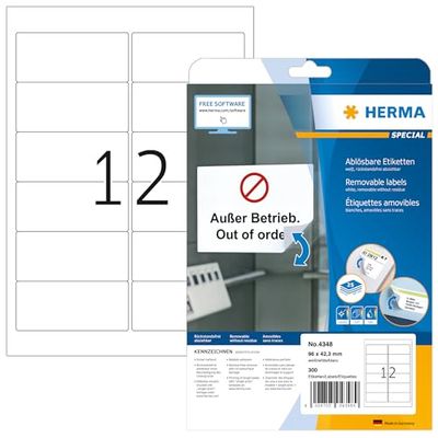HERMA 4348 Etichette universali DIN A4 rimovibili, grandi, set da 32 (96 x 42,3 mm, 800 fogli, opache), autoadesivi, stampabili, rimovibili, 9.600 etichette adesive, bianco