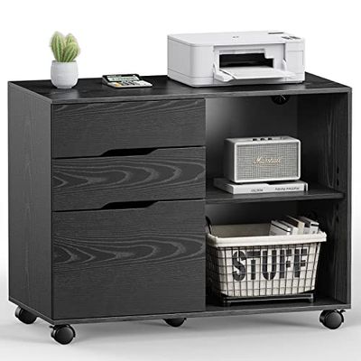 Sweetcrispy Meuble de bureau à roulettes avec roulettes, meuble de classement mobile avec 3 tiroirs, espace de rangement fermé et ouvert, armoire sous bureau pour papier A4, support d'imprimante, noir