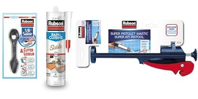 Rubson Mastic Bain&Cuisine Couleur Sable – 280 ml, inclus Super Pistolet Mastic & Cutter-Lisseur, Joint silicone multi-matériaux renforcé en antifongiques, mastic sanitaire coloré, souple & étanche