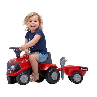 FALK - Portatractor Case IH con Remolque - A Partir de 12 Meses - Fabricado en Francia - Pala y rastrillo incluidos - 2 Estilos de personalización - Matrícula Personalizable - 238C