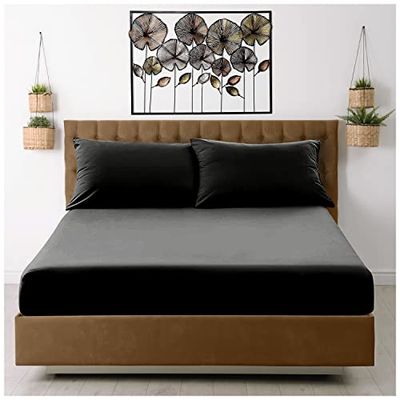 Hoeslaken King Size (25cm) diepe zak - microvezel lakens zwart - ademend, vervaging- en kreukbestendig - elastische hoeken - Easycare matras en onderlaken (152 x 203 cm)