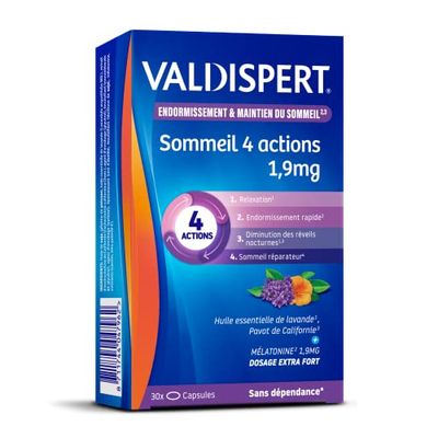 VALDISPERT-Endormissement & Maintien Du Sommeil-Sommeil 4 Actions 1,9 mg-Complément Alimentaire à base de plantes et de Mélatonine 1,9mg-Dosage Extra Fort-Sans Dépendance ni accoutumance-30 Gélules
