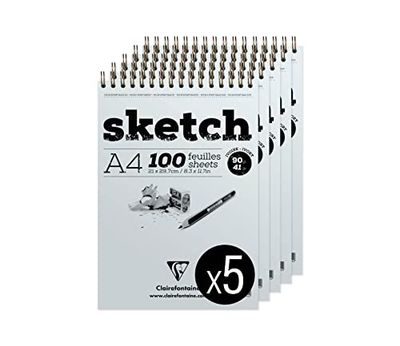 Clairefontaine 96644C Spiral Pad Letterhead Sketch Paper - 100 Sheets Very Light Grain Ivory Drawing Paper - Tear Off Sheets - A4 21x29.7cm 90gsm - Pack of 5