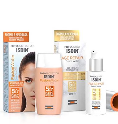 Isdin Foto Age Repair Fusion Water SPF 50 - Protector solar facial de fase acuosa, 50 ml + Fusion Water COLOR SPF 50 - Protector solar facial de fase acuosa con color para uso diario, 50 ml