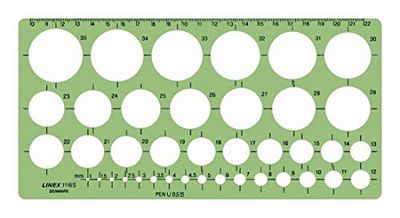 Linex 1116S cirkelschablon, 39 cirklar från 1–35 mm, bläckknoppar, för bläckfyllmedel upp till 0,5 mm, mm-skala på ena sidan, 240 x 120 mm